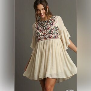 Umgee Cream Floral Embroidered Mini Dress